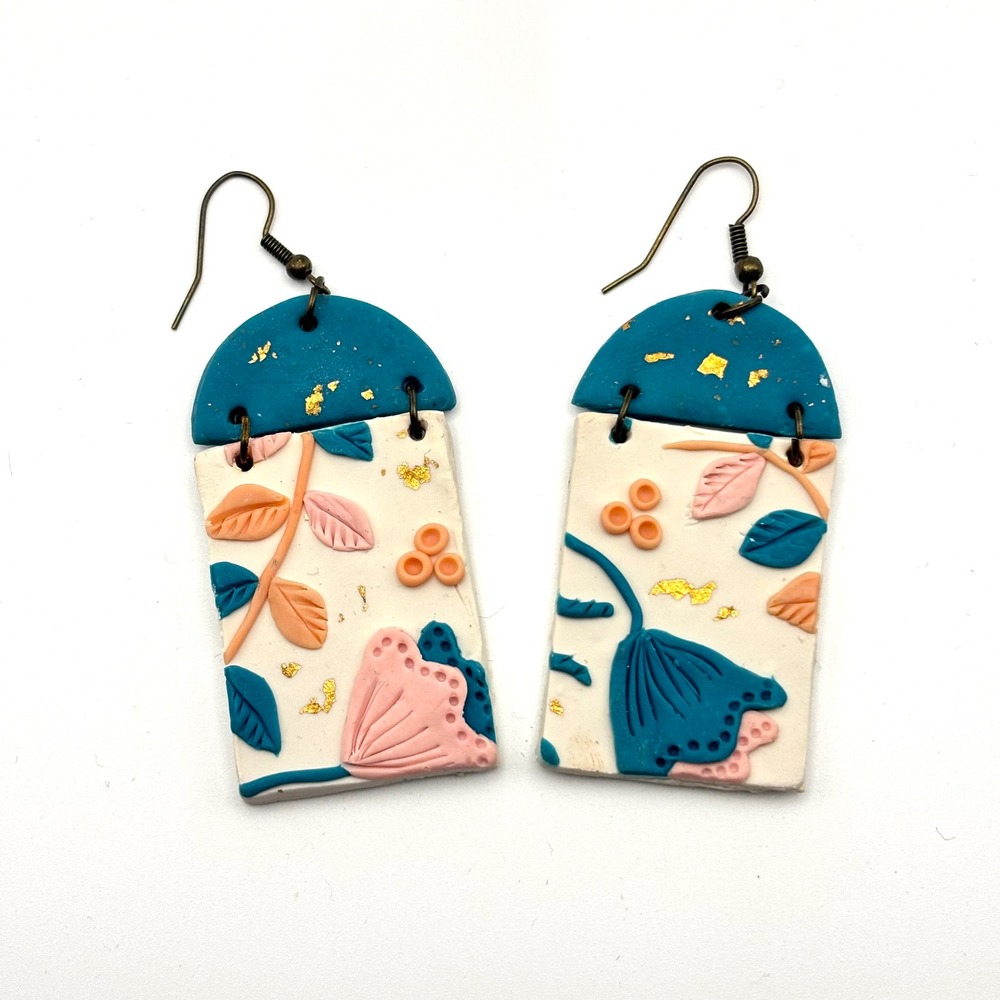 Handmade Polymer Clay Peach Teal Floral Gold Flecks Rectangular Dangle Earrings